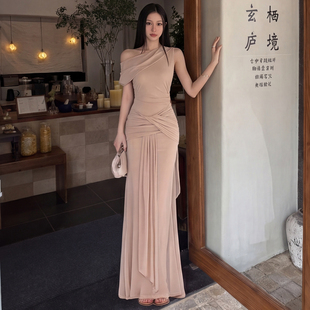 #Sisjuly#巴赫旧约高级优雅 不规则飘带收腰修身斜肩背心连衣裙女