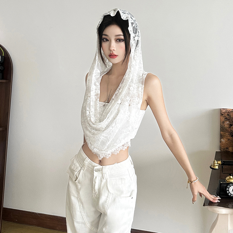#Sisjuly#法式倾心纯白新娘 精致钩花蕾丝拼接露背连帽无袖背心女