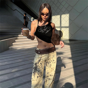 #Sisjuly#高街女孩酷辣烫钻印花 不规则短款串珠斜边挂脖式吊带女