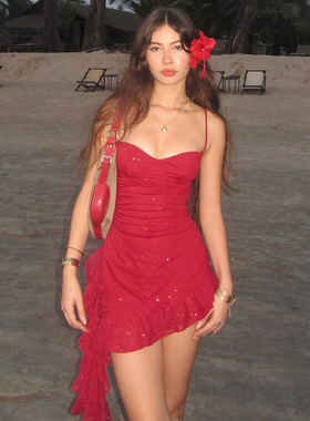 #Sisjuly# 妖冶海边度假风红色妖姬张扬荷叶边不规则吊带连衣裙女