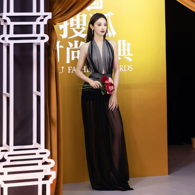 彭小苒同款网纱透视感挂脖连衣裙