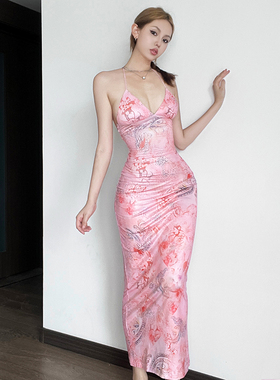 #Sisjuly#改良版中式复古国潮印花性感深V领露背修身挂脖连衣裙女