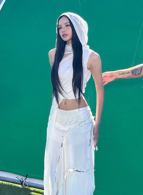 薄雾废土风少女感飘带挂脖背心女