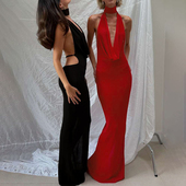 连衣裙女 欧美风小众设计感纯色无袖 Sisjuly 深v领性感挂脖修身