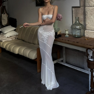 #Sisjuly#娇女盛宴精美蕾丝拼接 性感镂空网纱透视感吊带连衣裙女
