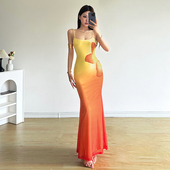 落日橘渐变设计度假风吊带裙女 Sisjuly 高级感花朵掐腰连衣裙