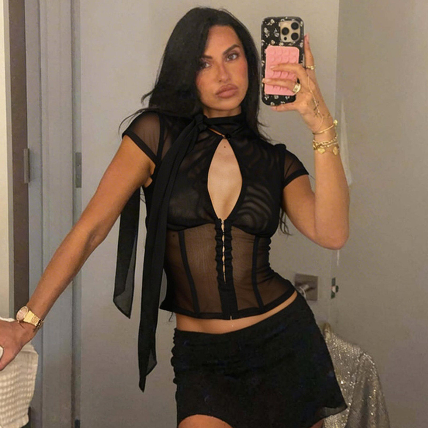 #Sisjuly#欧美chic lady性感轻纱透视感镂空绑带纯欲短袖T恤女夏