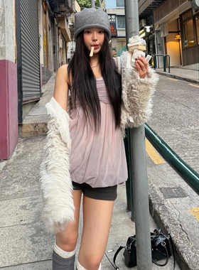 #Sisjuly#淡香紫萝甜美crush 轻纱褶皱设计时尚感蓬蓬吊带背心女