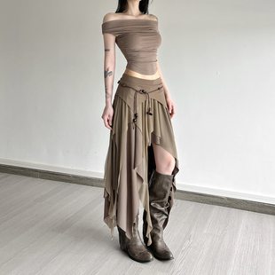 #Sisjuly#酷拽朋克沙丘废土风 抽绳系带装饰不规则飘带半身裙女潮