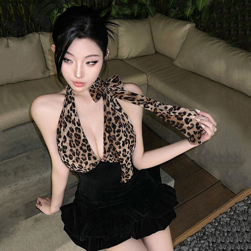 冷艳古着chill豹纹拼色连衣裙女