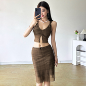 女 Sisjuly Vintage港味古着茶棕色V领百搭露脐吊带高腰中裙套装