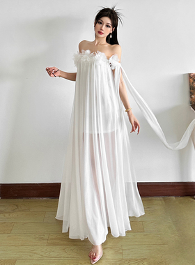 #Sisjuly#清冷古韵气质 仙女下凡立体花飘纱透视感抹胸连衣裙女秋