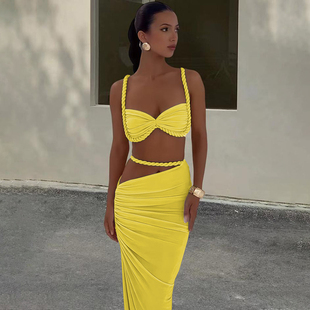 挖腰显瘦长裙 切克拉漫步纯色性感镂空拧绳吊带连衣裙女 Sisjuly