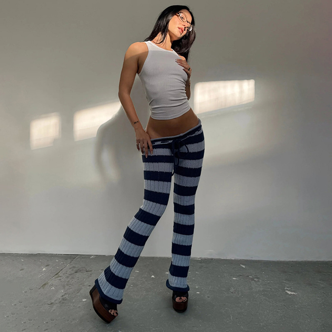 撞色条纹修身抽绳绑带百搭休闲裤