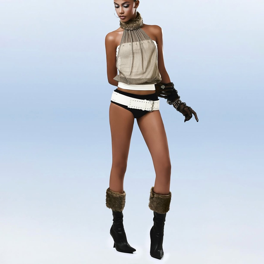 轻纱拼接毛毛挂脖性感修身吊带女