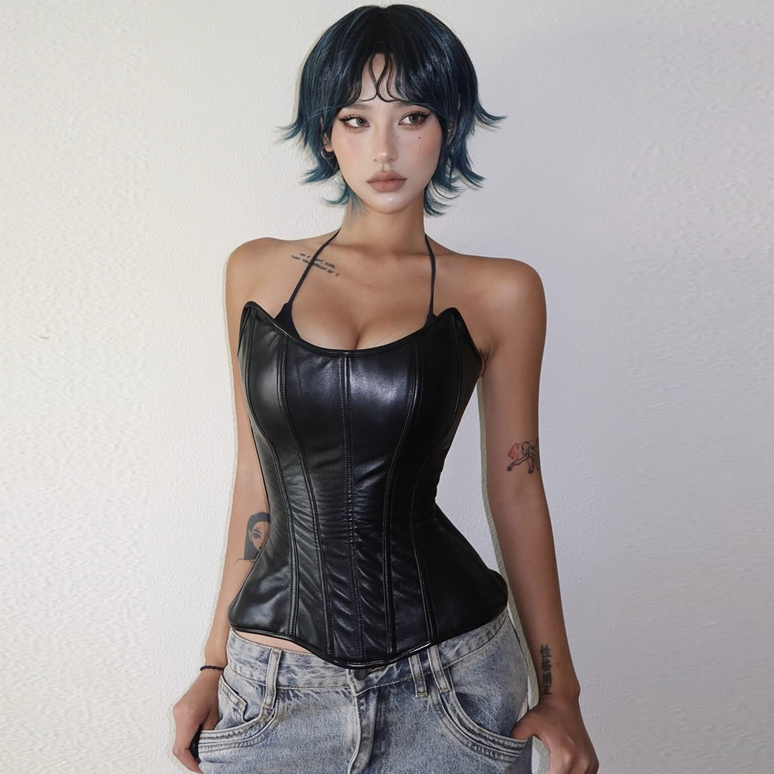 不规则掐腰显瘦pu皮鱼骨抹胸女潮