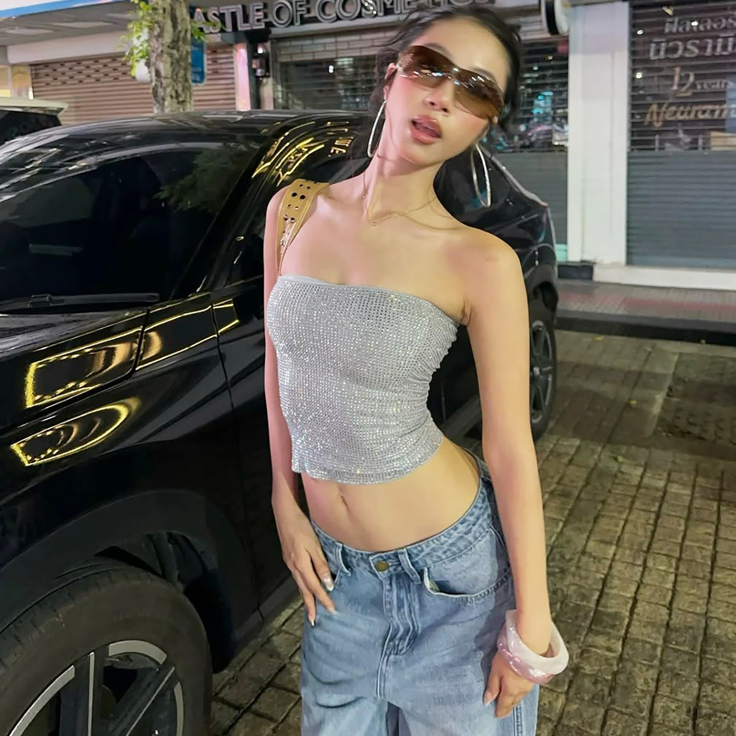 #Sisjuly#欧美闪耀群星 小众重工烫钻设计修身性感短款百搭抹胸女