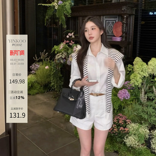 【Yinkoo】老钱风简约宽松休闲纽扣白色亚麻衬衫+长裤套装