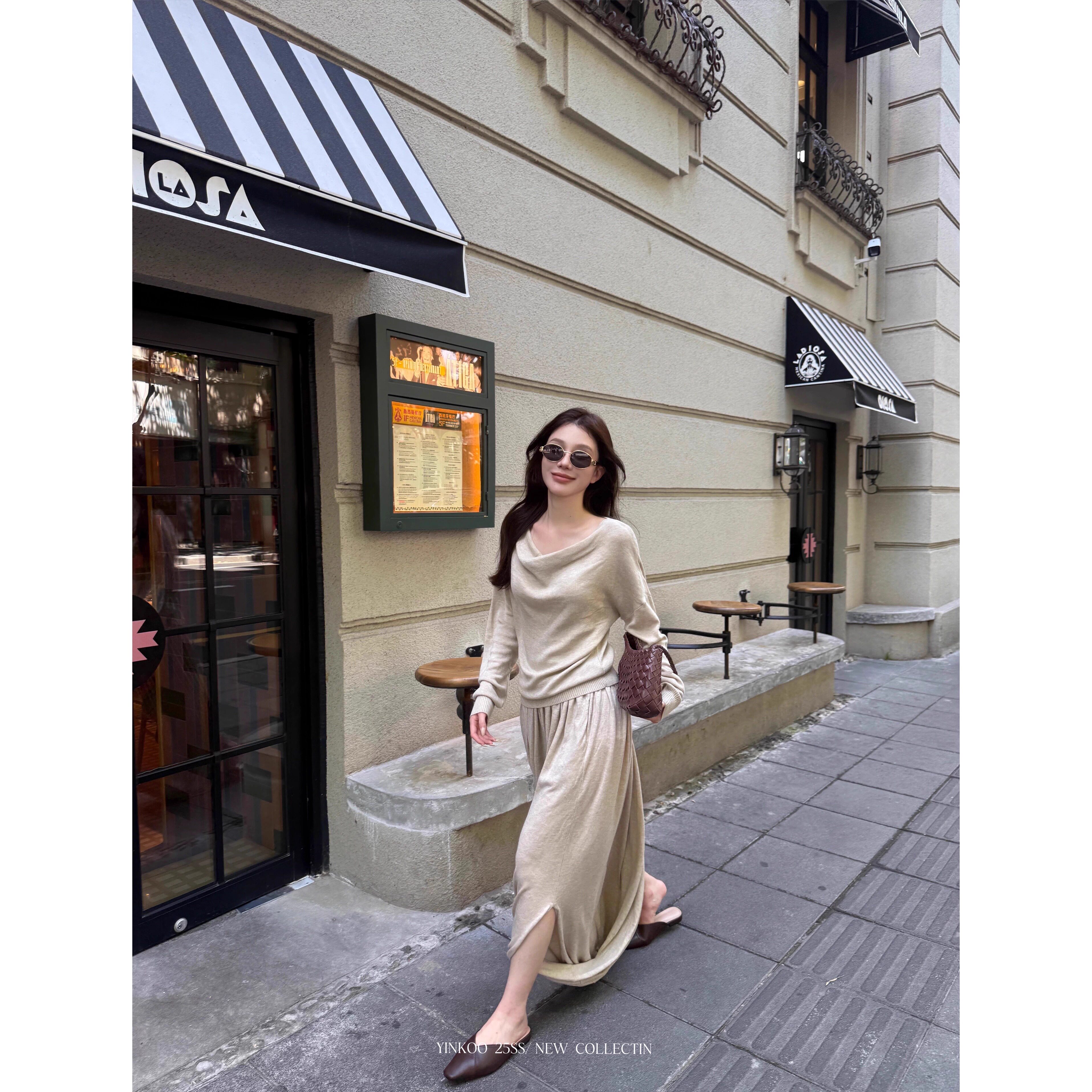 Yinkoo「涉谷街头」秋冬桑蚕丝羊毛扭结裤+半身裙+堆堆领上衣套装