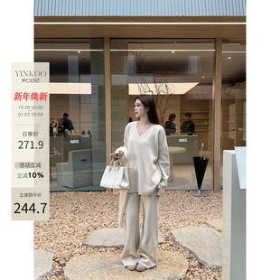 套装 针织裤 逻辑」秋冬V领显瘦宽松针织V领毛衣 Yinkoo「套装