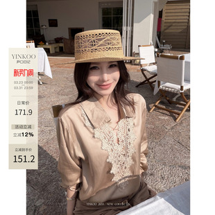 V领度假老钱风蕾丝拼接衬衫 Yinkoo「法式 鎏金」正反两穿天丝法式