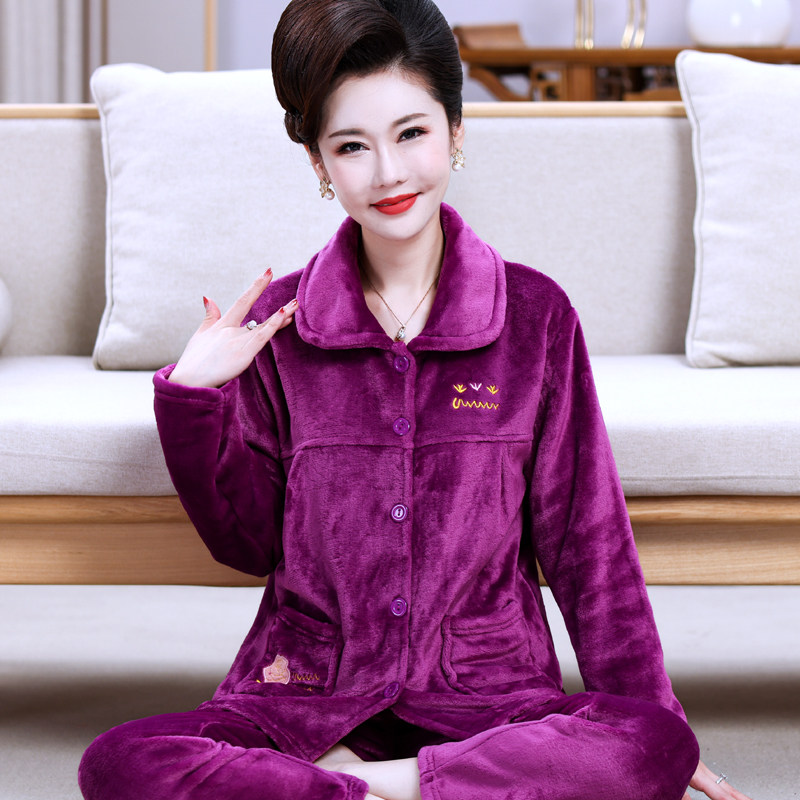 睡衣女冬法兰绒珊瑚绒保暖套装宽松大码中老年妈妈纯色韩版家居服