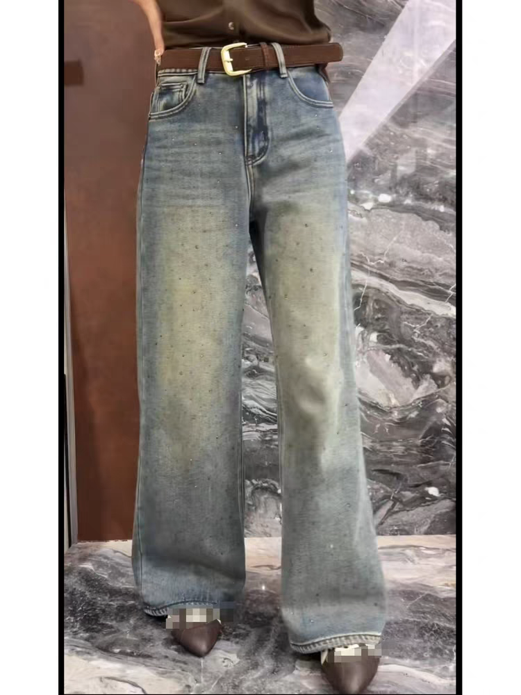 欧洲站2025秋冬新款Dong.one高腰磨毛烫钻直筒裤牛仔裤百搭阔腿裤