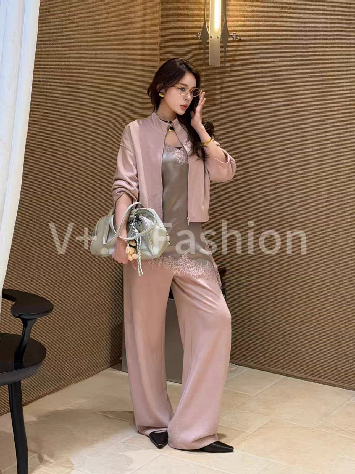 欧货2026秋季新款V+.com立领夹克外套蕾丝吊带阔腿裤套装女21768