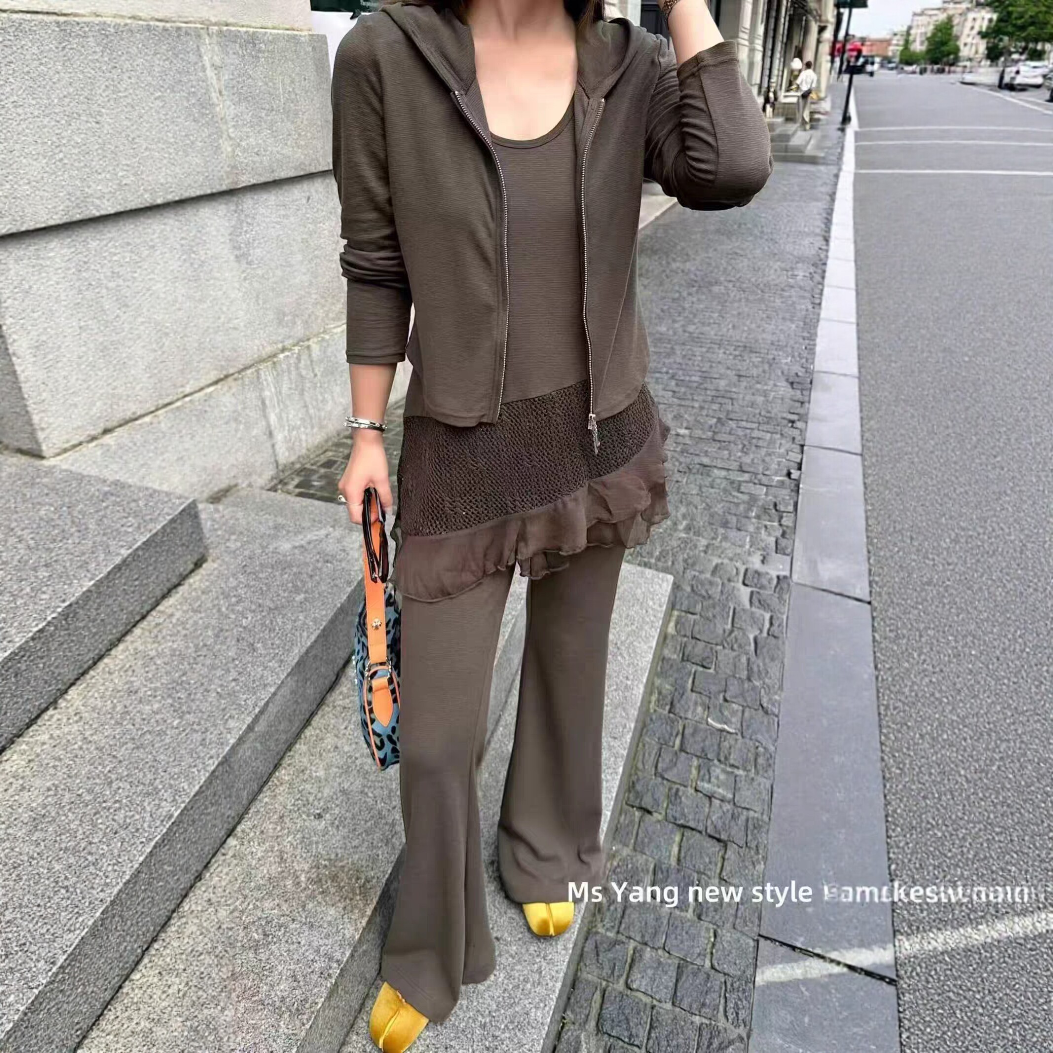欧货2026秋季新款DT.Dong连帽拉链卫衣蕾丝背心阔腿裤套装女8696