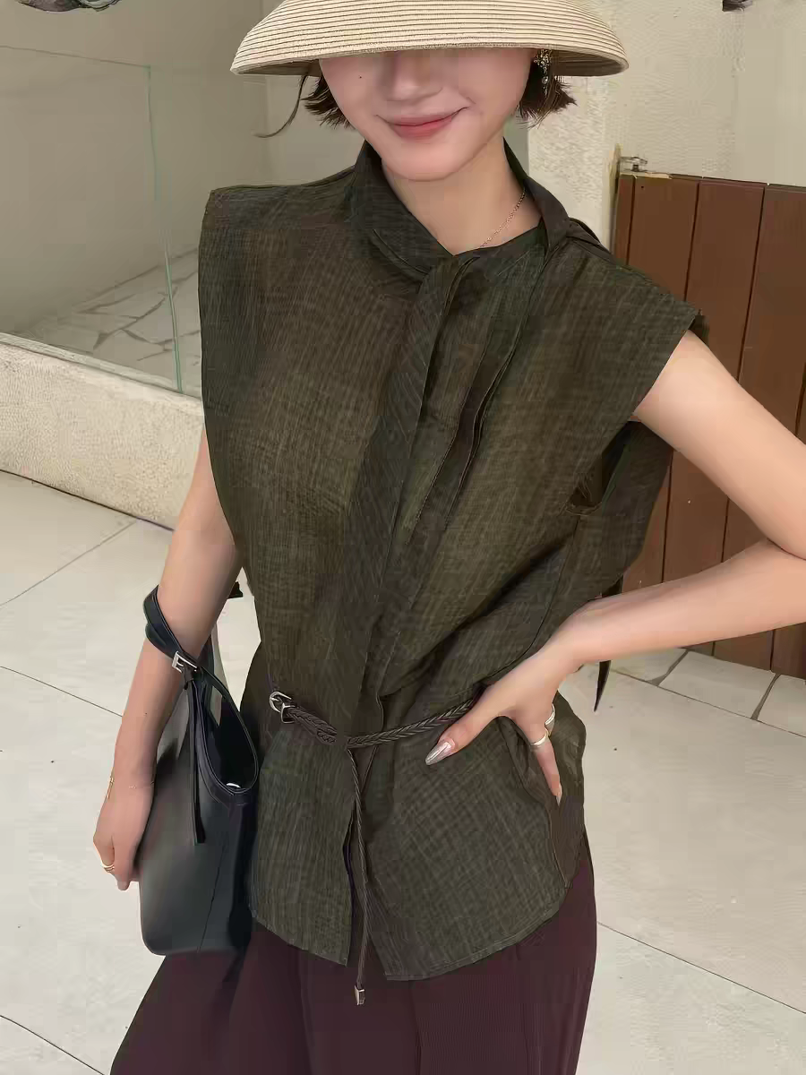 欧洲站2026夏季新款V+.com设计感飘带立领无袖收腰显瘦衬衫上衣女