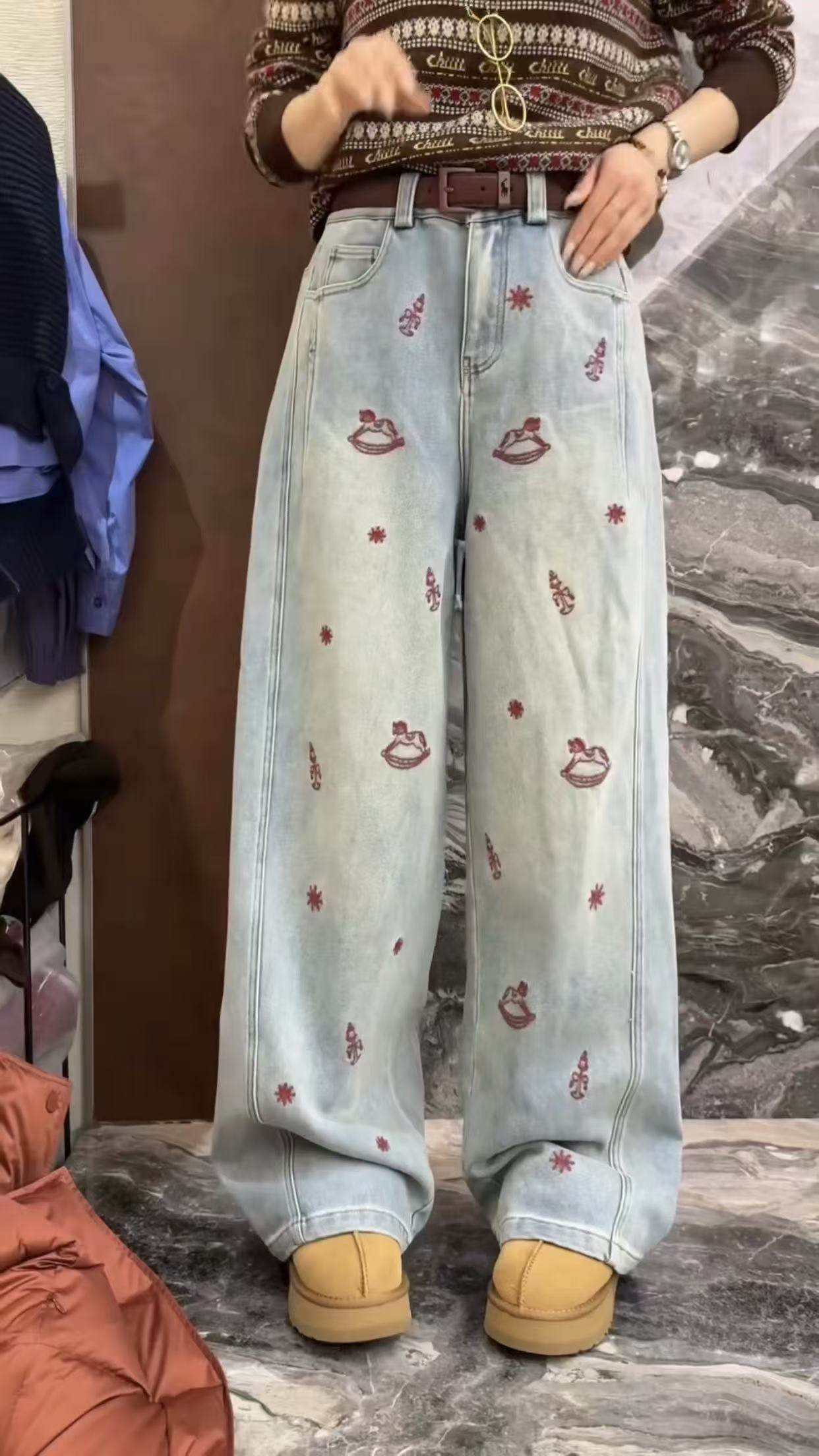 欧货2026春季新款高腰显瘦直筒裤百搭红嘴唇加绒宽松牛仔裤V+.COM