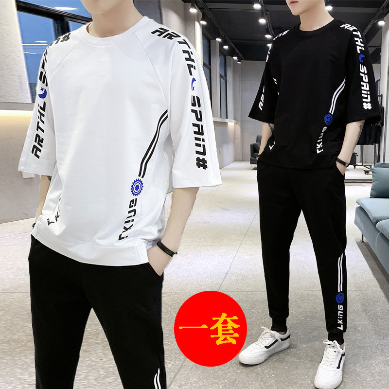 男士港风7七分袖t恤韩版帅气潮流运动套装夏季休闲宽松情侣短袖丅|ruв категории Мужская одежда, футболка - от Buy2taobao.com для оказания профессиональной услуги покупки агента Taobao