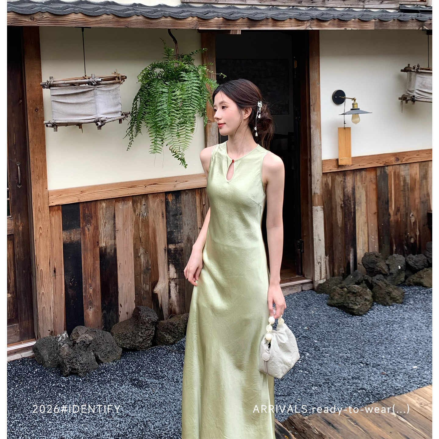 IDENTIFY 法式优雅圆领无袖醋酸连衣裙女夏季收腰新中式背心长裙
