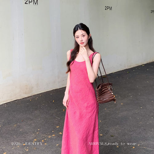 度假风松紧肩带色织汉麻连衣裙女