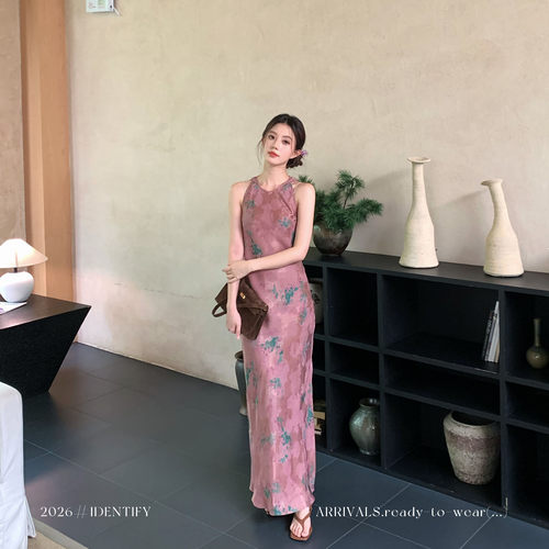 复古花卉暗纹桑蚕丝人丝连衣裙女