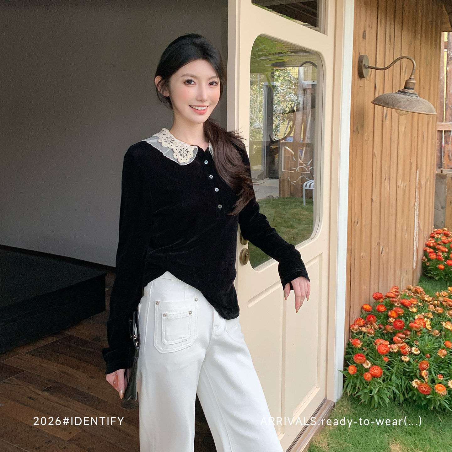IDENTIFY 提花针织丝绒长袖衬衫女春季翻领撞色拼接修身长袖衬衣