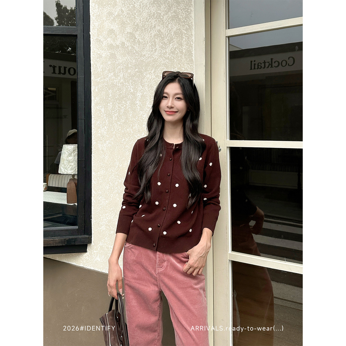 IDENTIFY  美式复古风波点针织开衫女秋季慵懒风显瘦百搭长袖毛衣