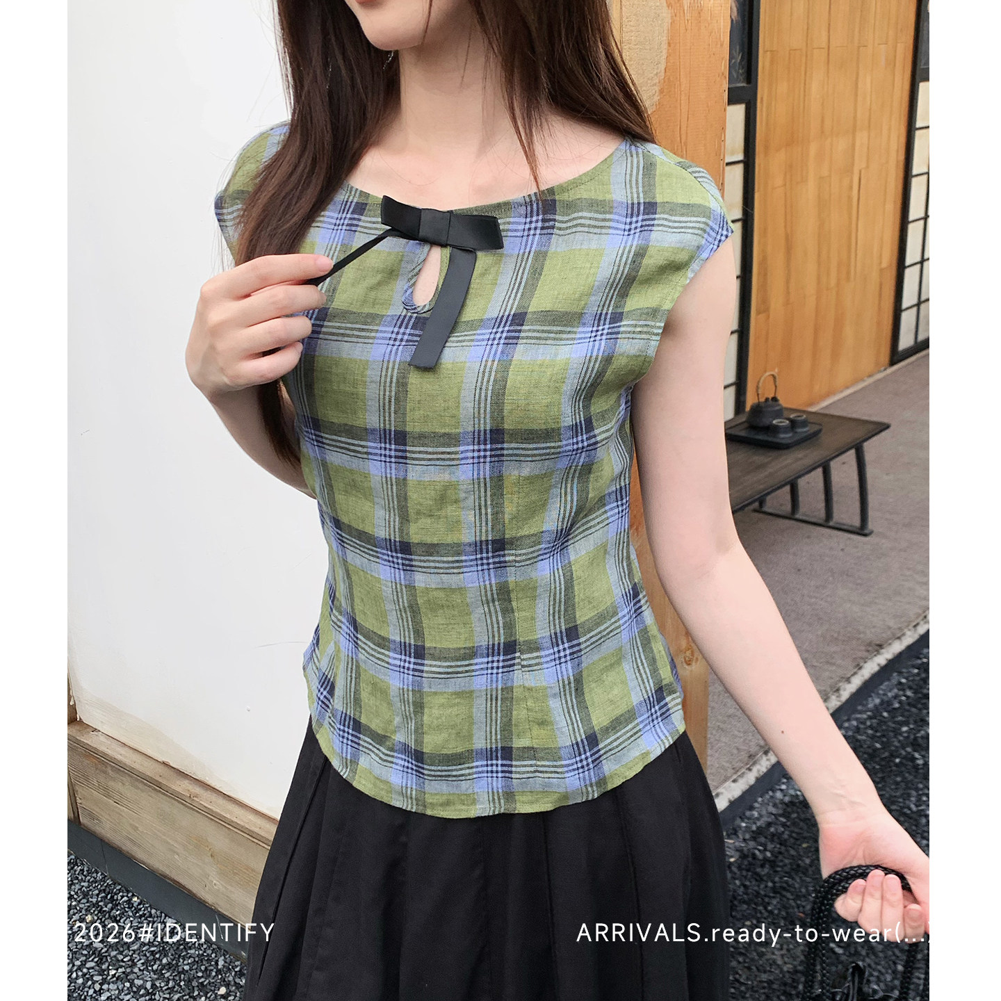 IDENTIFY撞色格纹蝴蝶结设计亚麻马甲背心女夏季色织格子无袖上衣