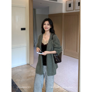 IDENTIFY 慵懒风宽松拉绒羊毛开襟开衫女秋季灰绿色软糯外搭毛衣