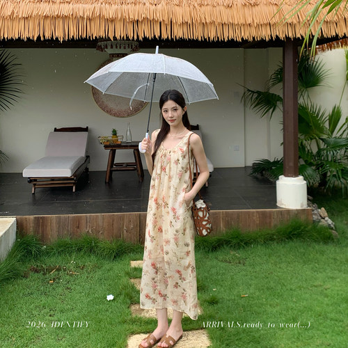 夏季法式甜美碎花苎麻连衣裙