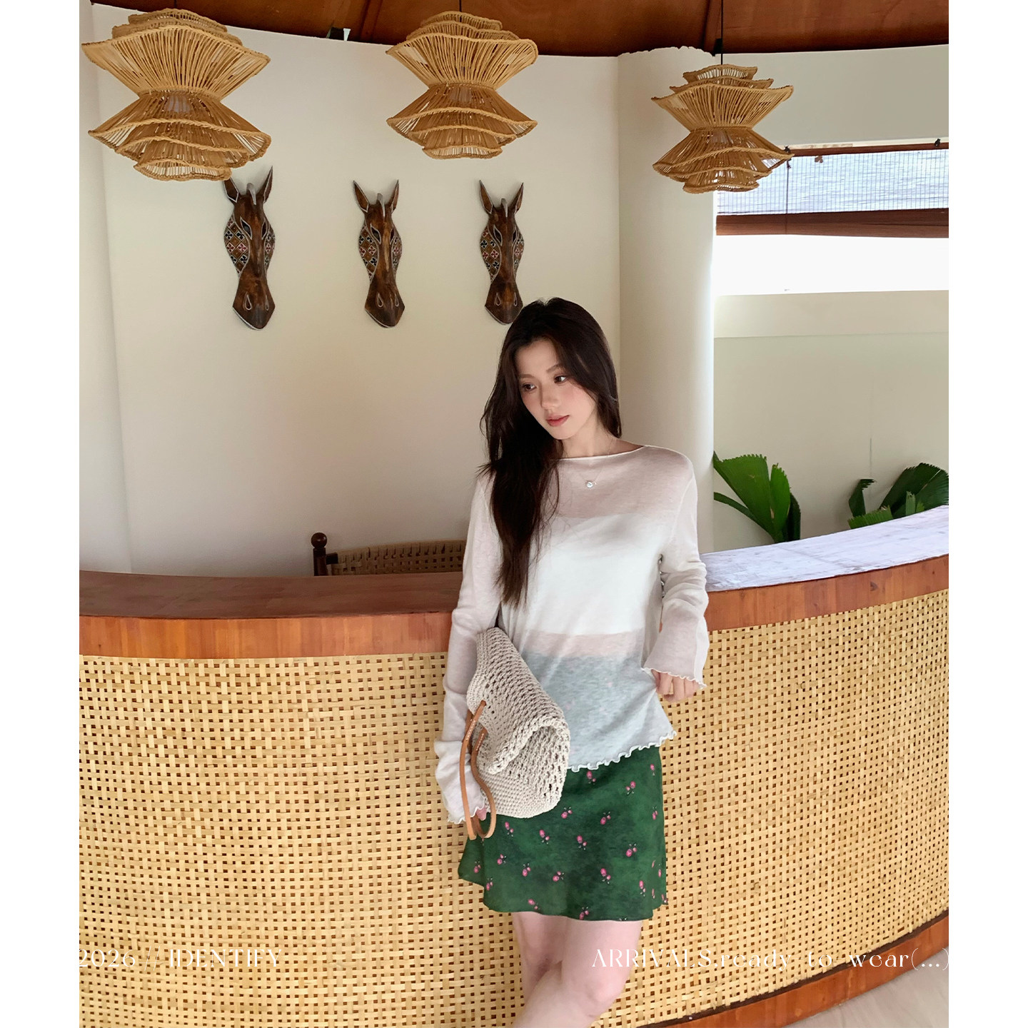 IDENTIFY卷边木耳边绵羊毛针织衫女春夏新款纯色薄款长袖罩衫上衣