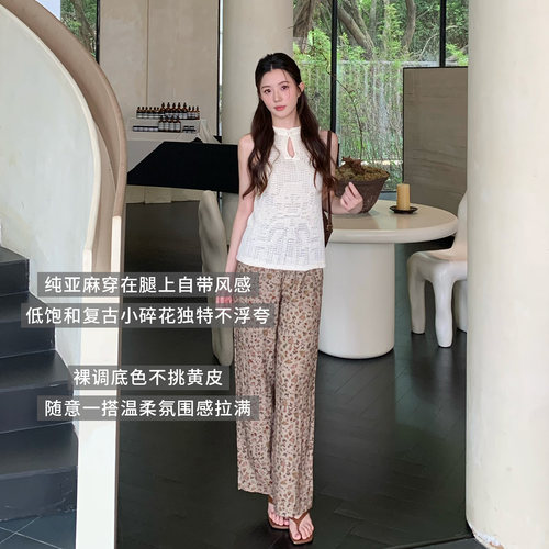春夏高腰绑带复古碎花亚麻阔腿裤