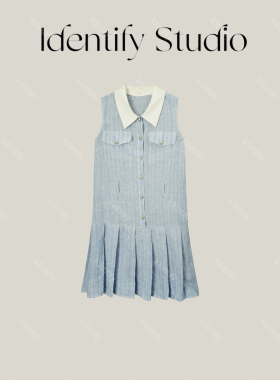 IDENTIFY 法式减龄翻领条纹百褶裙女夏季亚麻肌理感蓝色连衣裙