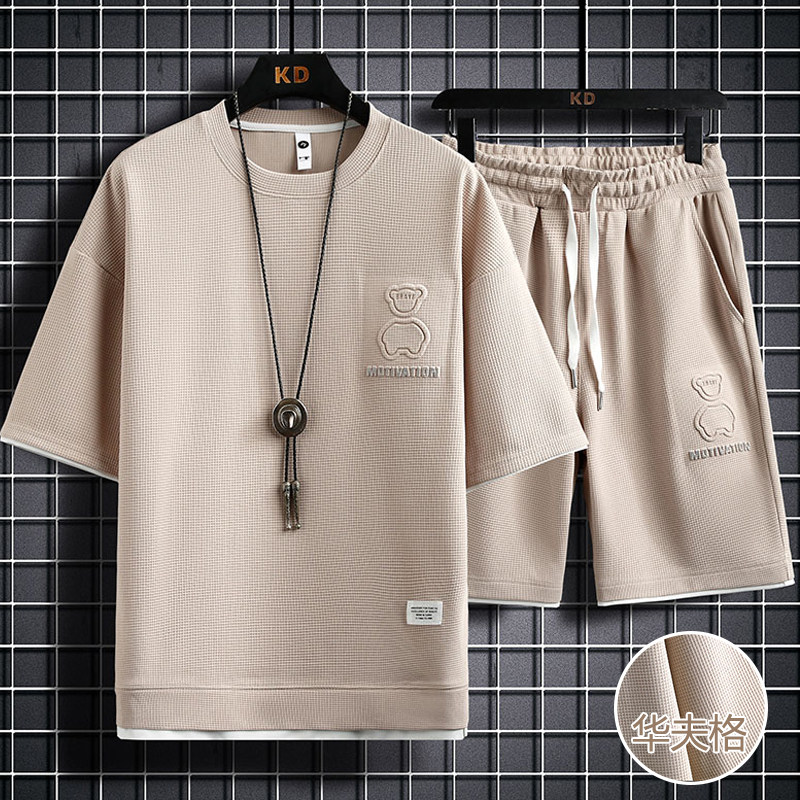 WAFFLE TRACKSUIT MENS SUMMER TREND INS TEEN SHORT SLEEVE SHORTS SET OF LOOSE SPORTS TWO