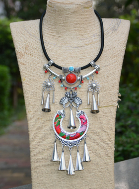 新款民族风苗银刺绣项链复古百搭项圈舞蹈演出配饰长款女士吊坠