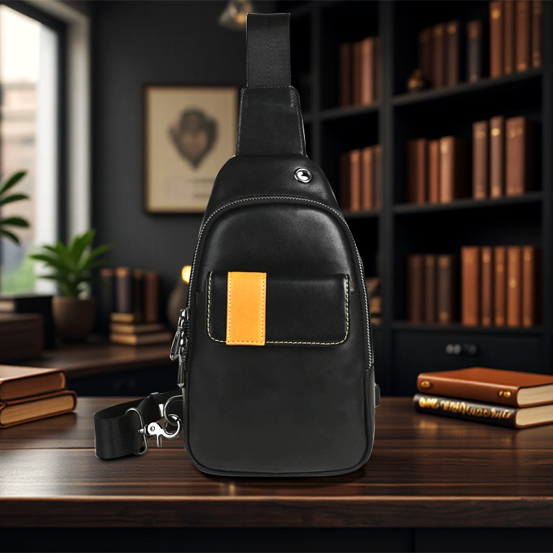 男士真皮斜跨胸包新款潮撞色时尚
