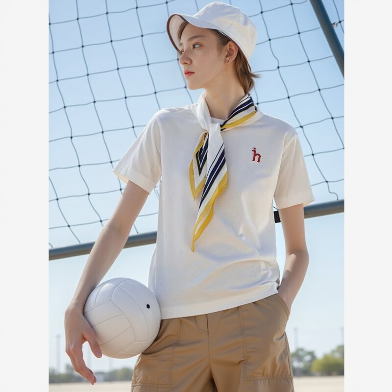 商场同款哈家女装白色短袖T恤女夏季纯棉圆领体恤衫纯色休闲上衣