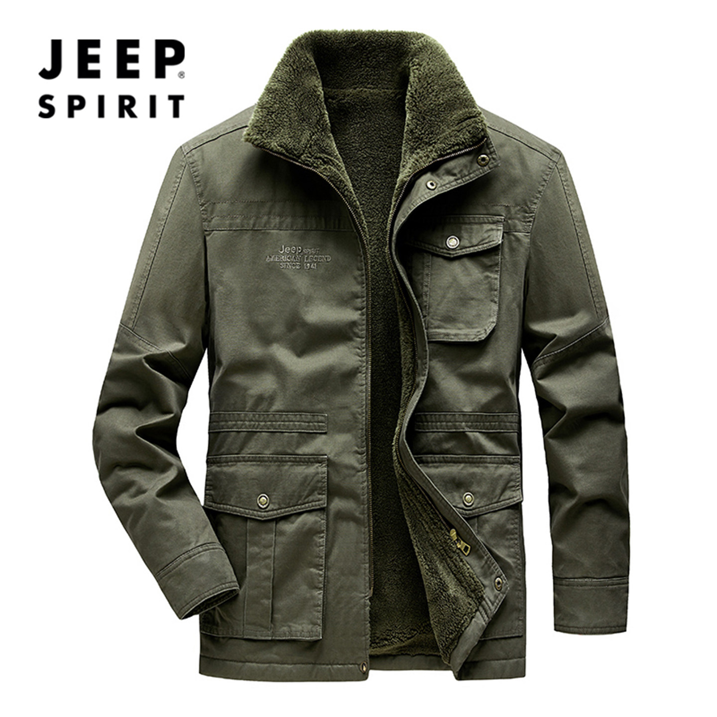 JEEPSPIRIT吉普户外加绒保暖夹克男水洗纯棉秋冬厚款外套上衣服潮