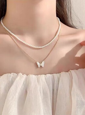 花迹双层叠戴珍珠蝴蝶项链女轻奢高级感锁骨链赫本风复古脖颈链潮