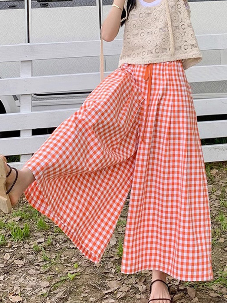 FOREIGN TRADE CLEARANCE LEAKAGE OF THE ORIGINAL BLACK AND WHITE PLAID WIDE-LEG CULOTTES WOMENS SUMMER ELASTIC WAIST LOOSE AND VERSATILE CASUAL PANTS